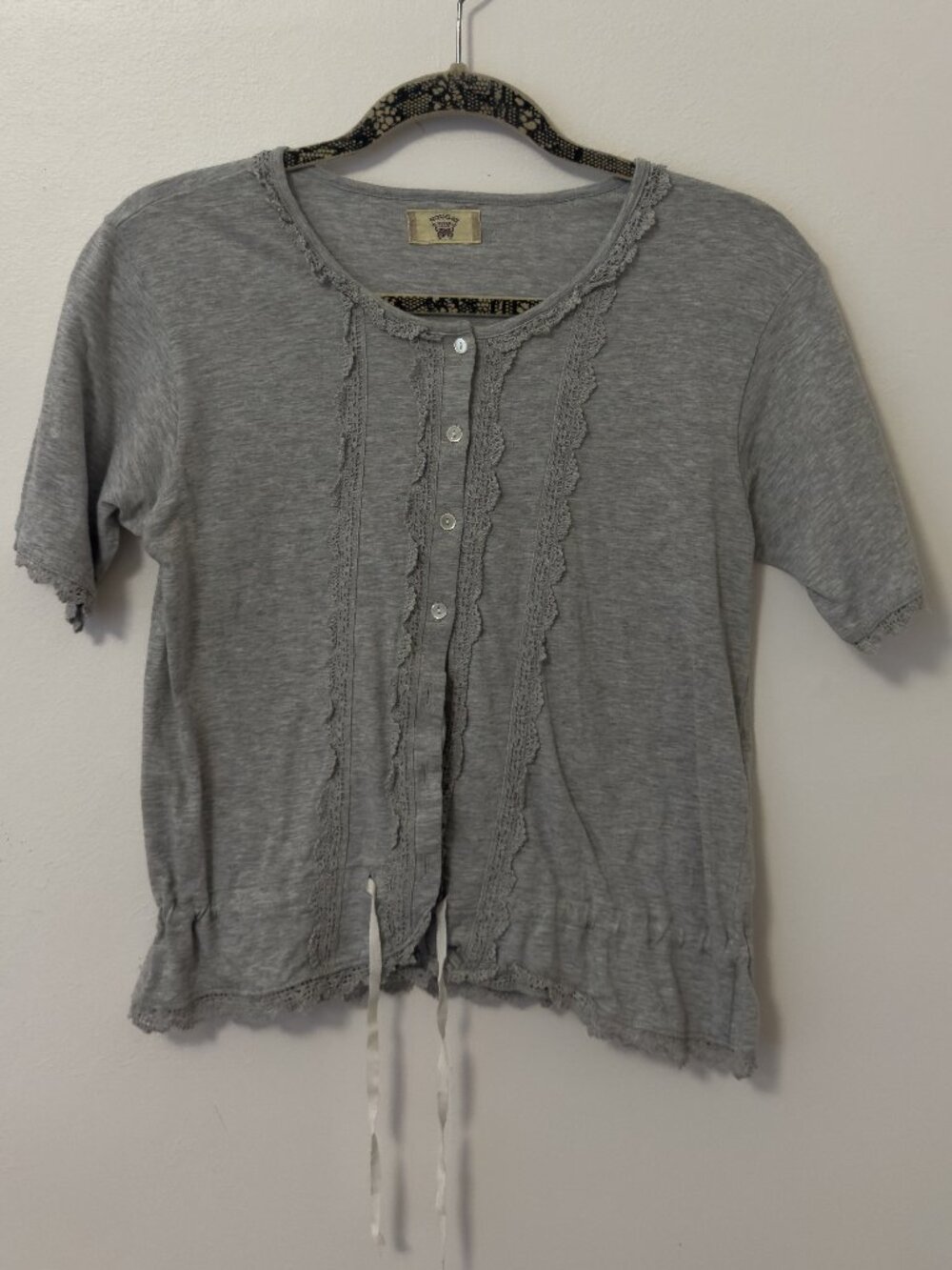 Vintage Nougat Sugar Grey Lace Trim Cardigan Top Size S/M